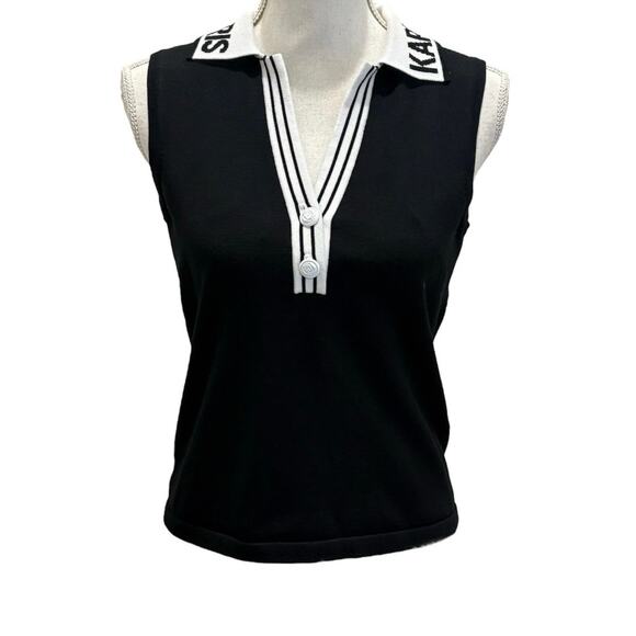 Karl Lagerfeld Paris Sleeveless Black White Logo Polo Sweater Top Size XS - Picture 3 of 5